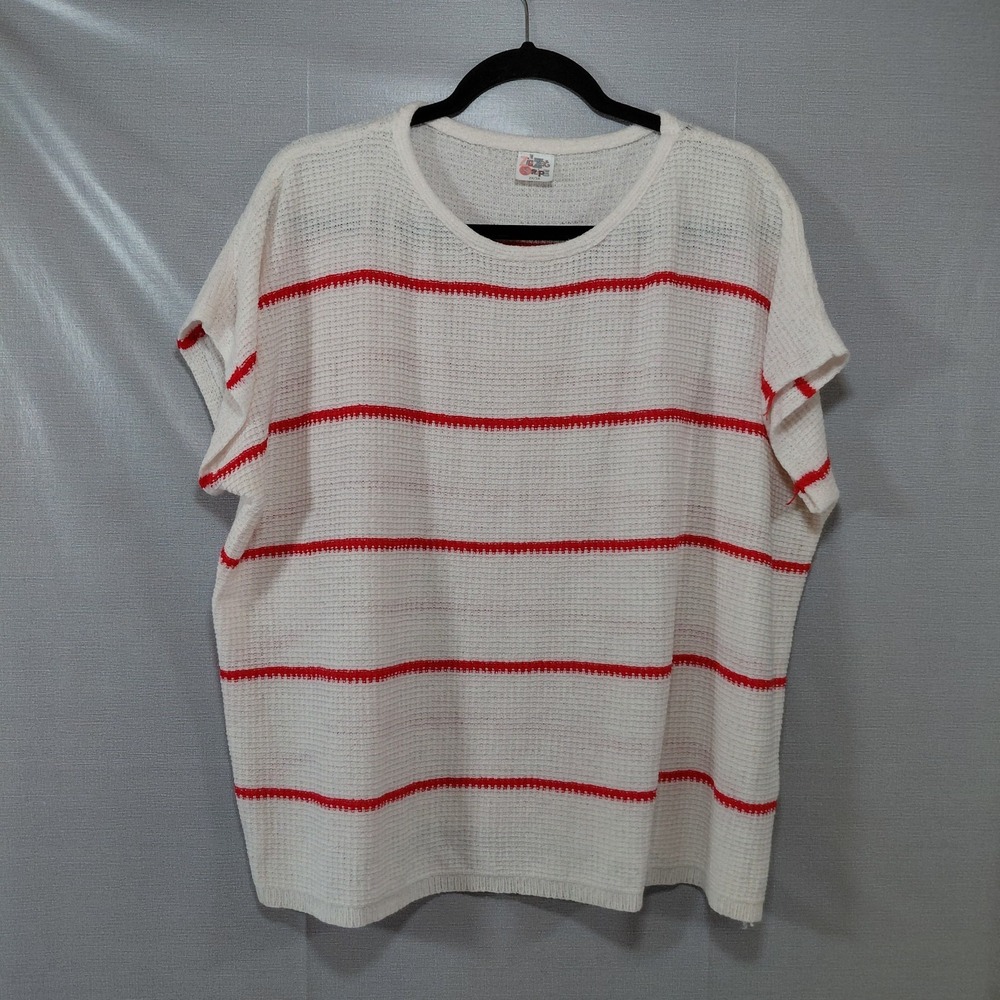 The Zigzag Stripe Waffle Knit Dolman Sleeve Top 2X/3X White & Red Lightweight